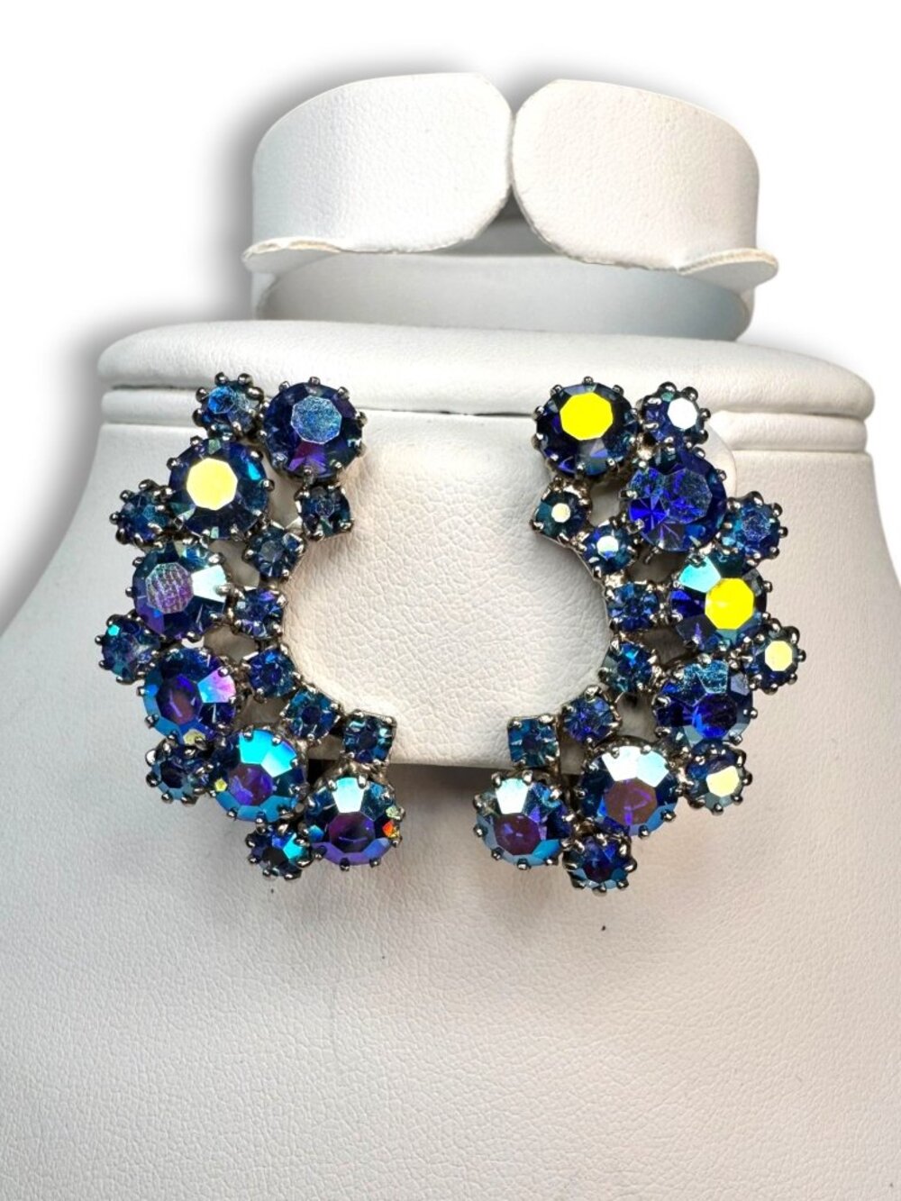 Weiss Blue Rhinestone Climber Earrings Vintage 1950s Clip On Vintage Mid Century